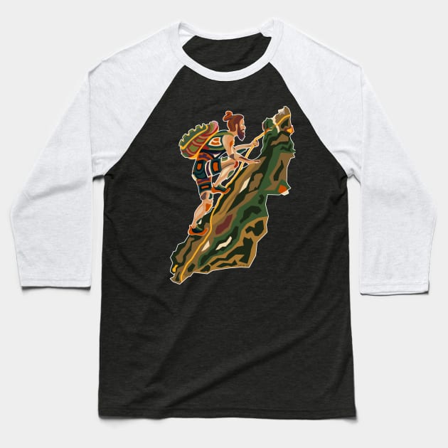 A MAN CLIMBING ON A STEEP ROCKY MOUNTAIN USING A CLIMBING ROPE Baseball T-Shirt by STYLIZED ART